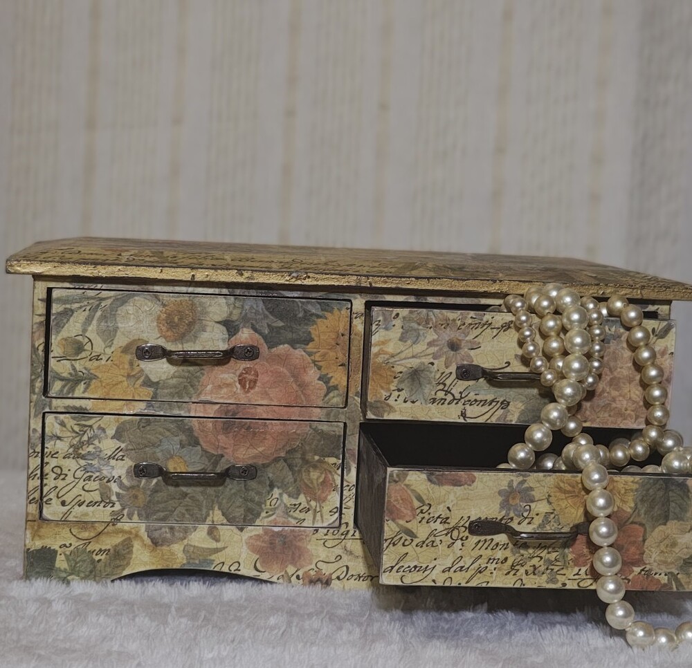 Floral Decoupage Two-Drawer Decorative Box - Vintage Script Design